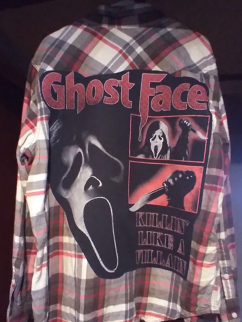 Upcycled Flannel Shirt W/ Custom GHOST FACE back Patch